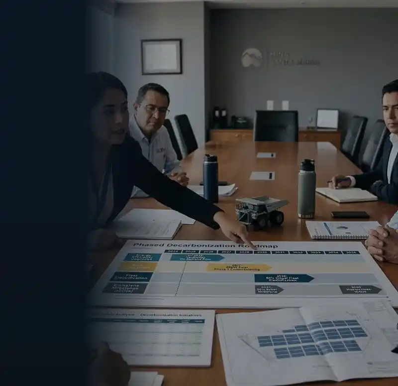 Mining company leadership reviewing a phased decarbonization roadmap in a boardroom